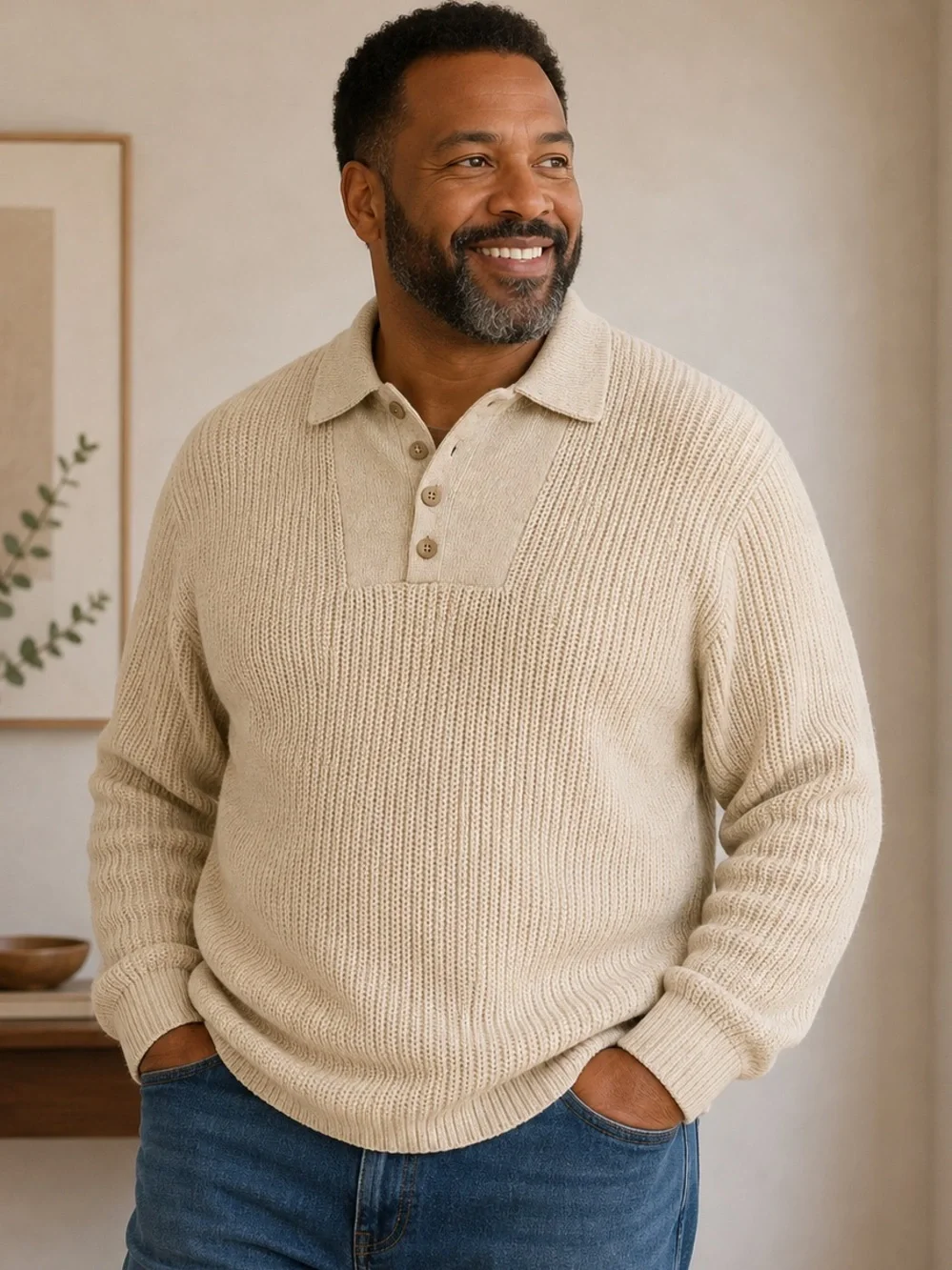 Eddie Bauer 100% cotton Men's Beige Knit Polo Sweater XL